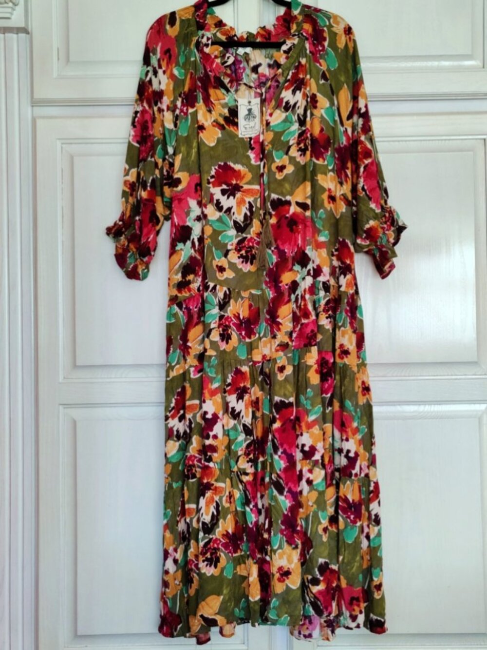 Easel Floral Oversized Tiered Maxi Dress in Olive, Size Large (Up to 2x) NWT
